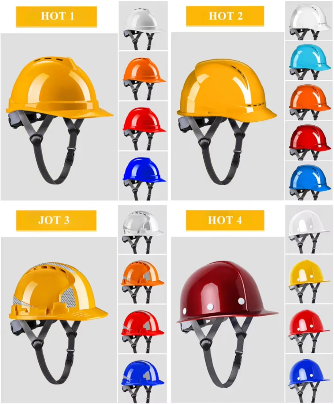 Industrial safety helmets showing ANSI Z89.1 Type 1 and Type 2 hard hat options for workplace head protection