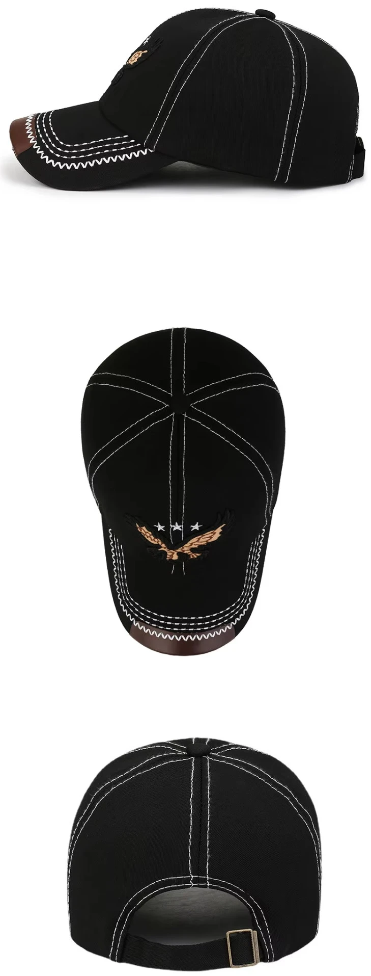 Cotton linen embroidered baseball cap manufacturer with custom eagle logo and contrast stitching Cotton linen embroidered baseball cap manufacturer with custom eagle logo and contrast stitching